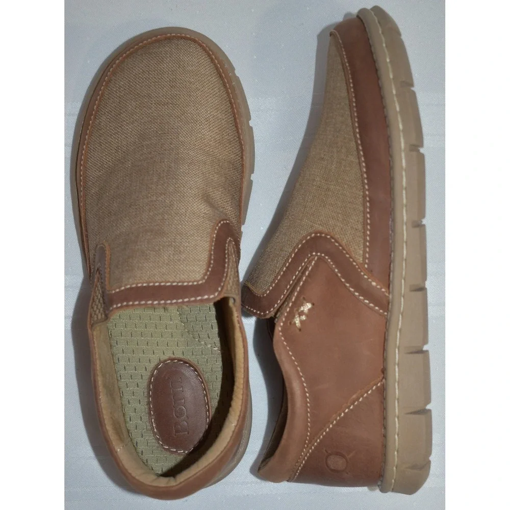 Born Sawyer Textile Tan Leather Slip On Loafers Kids Boys Size 4 PM-701-S